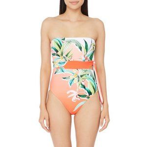 Trina Turk Coral & White Tropical Print Strapless One-Piece Swimsuit
